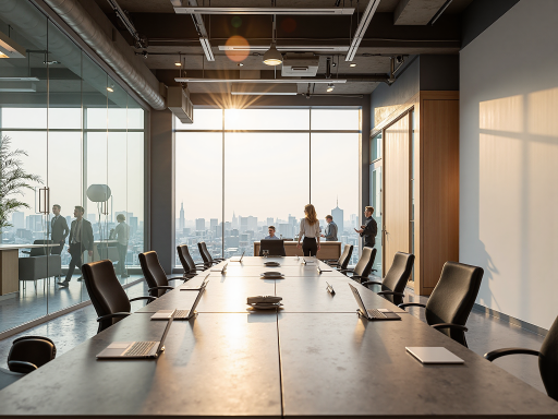 现代化办公环境展示，宽敞明亮的会议室，配备先进设备，员工正在开会讨论，体现专业高效的工作氛围